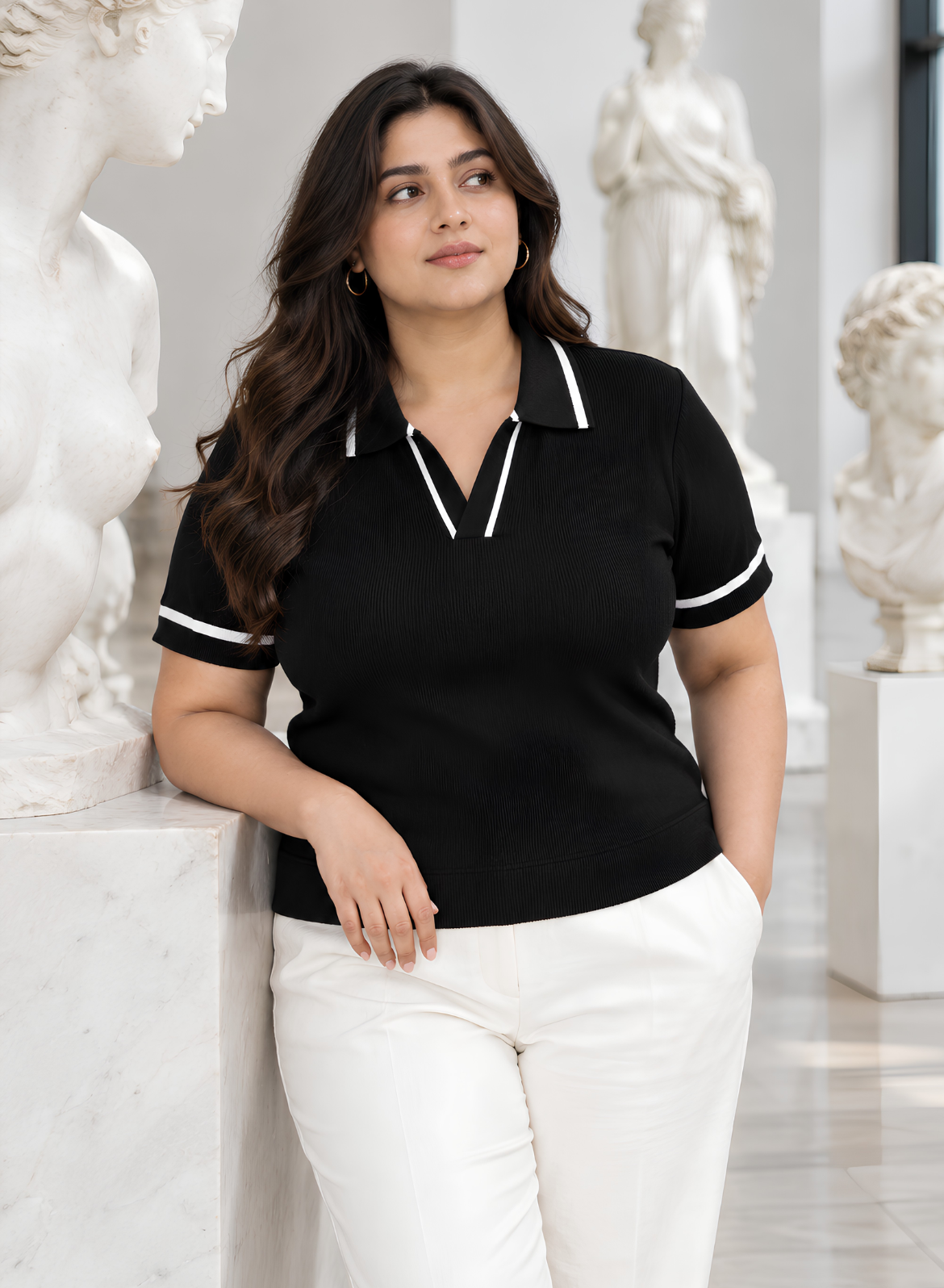 Black Knit Polo Top