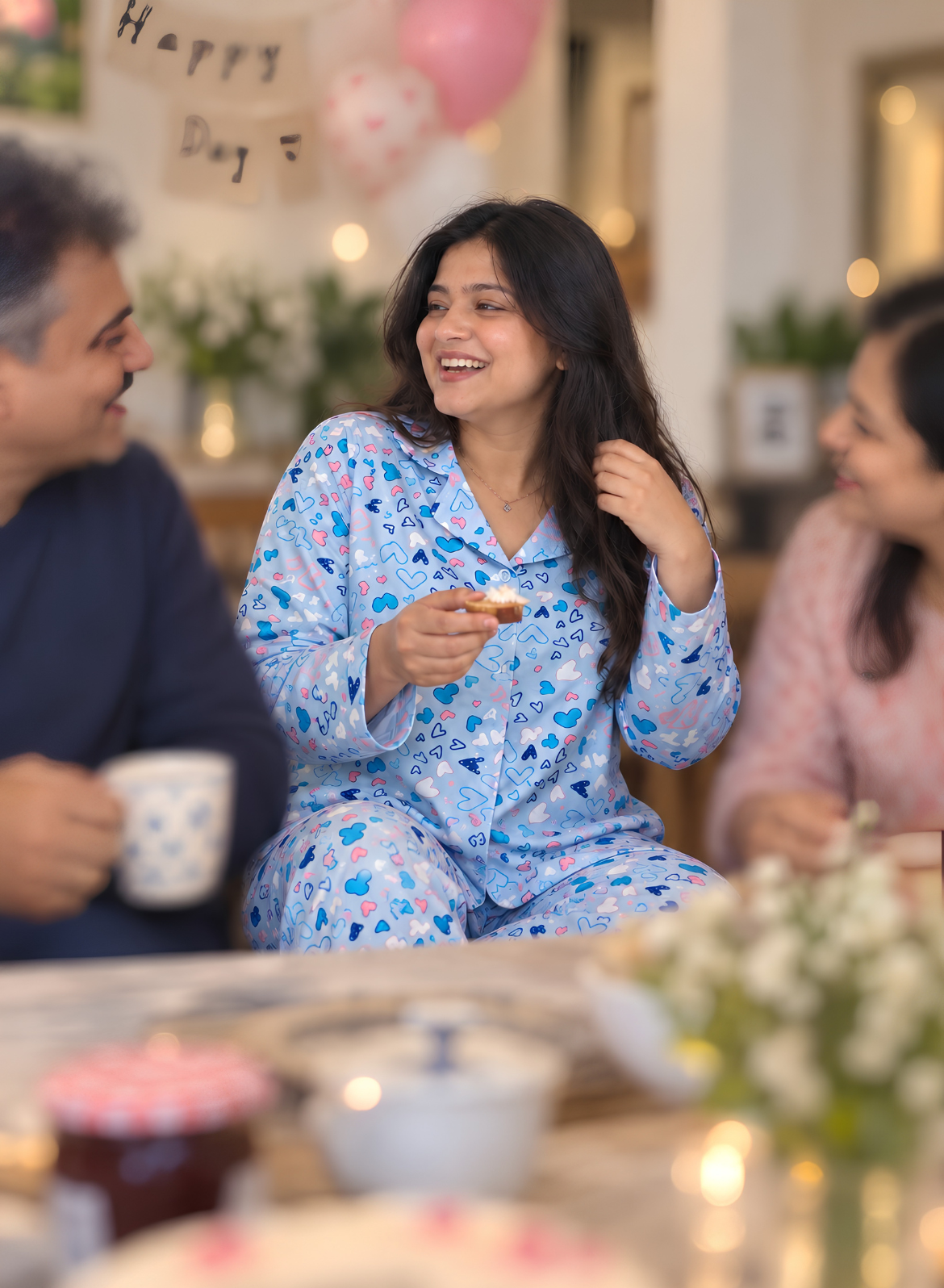 Blue Heart Print Pajama Set