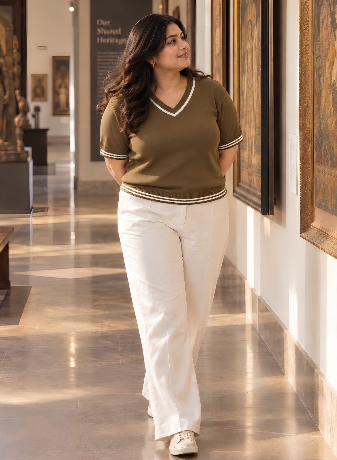 Olive Brown Knit V-Neck Top