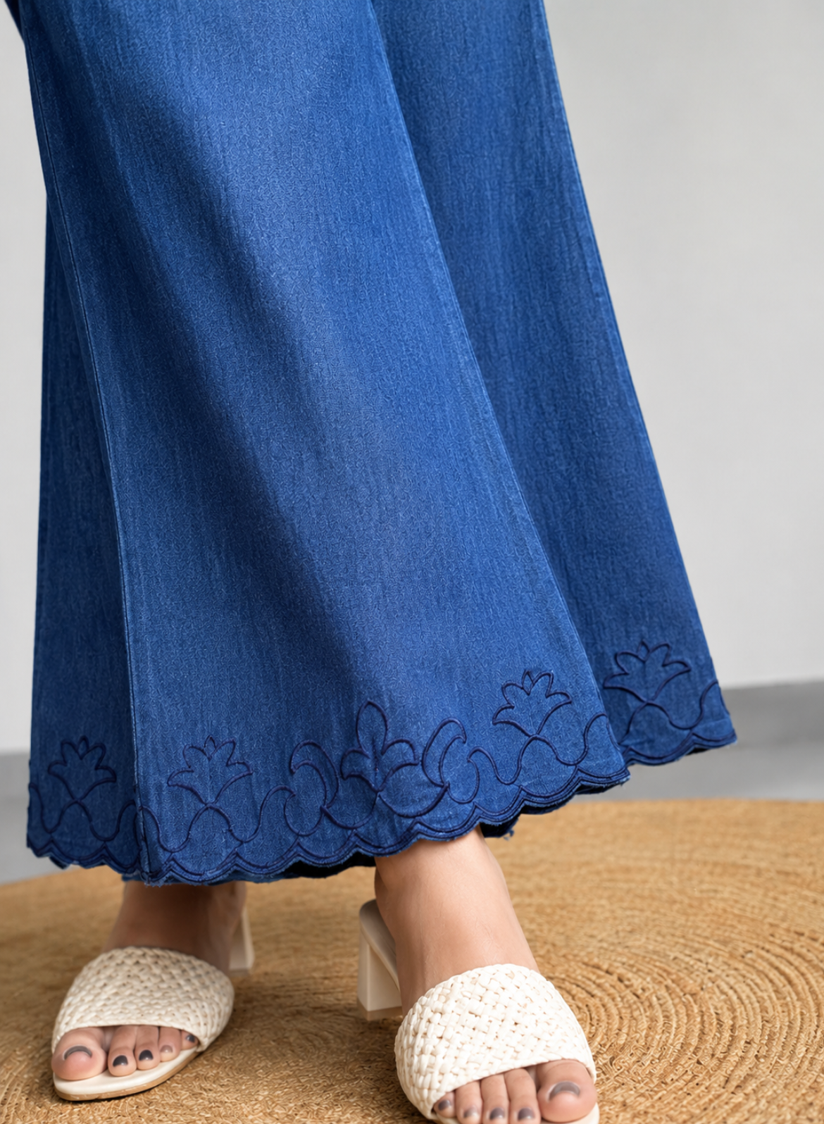 Navy Blue Wide Leg Pants – Classic Embroidery