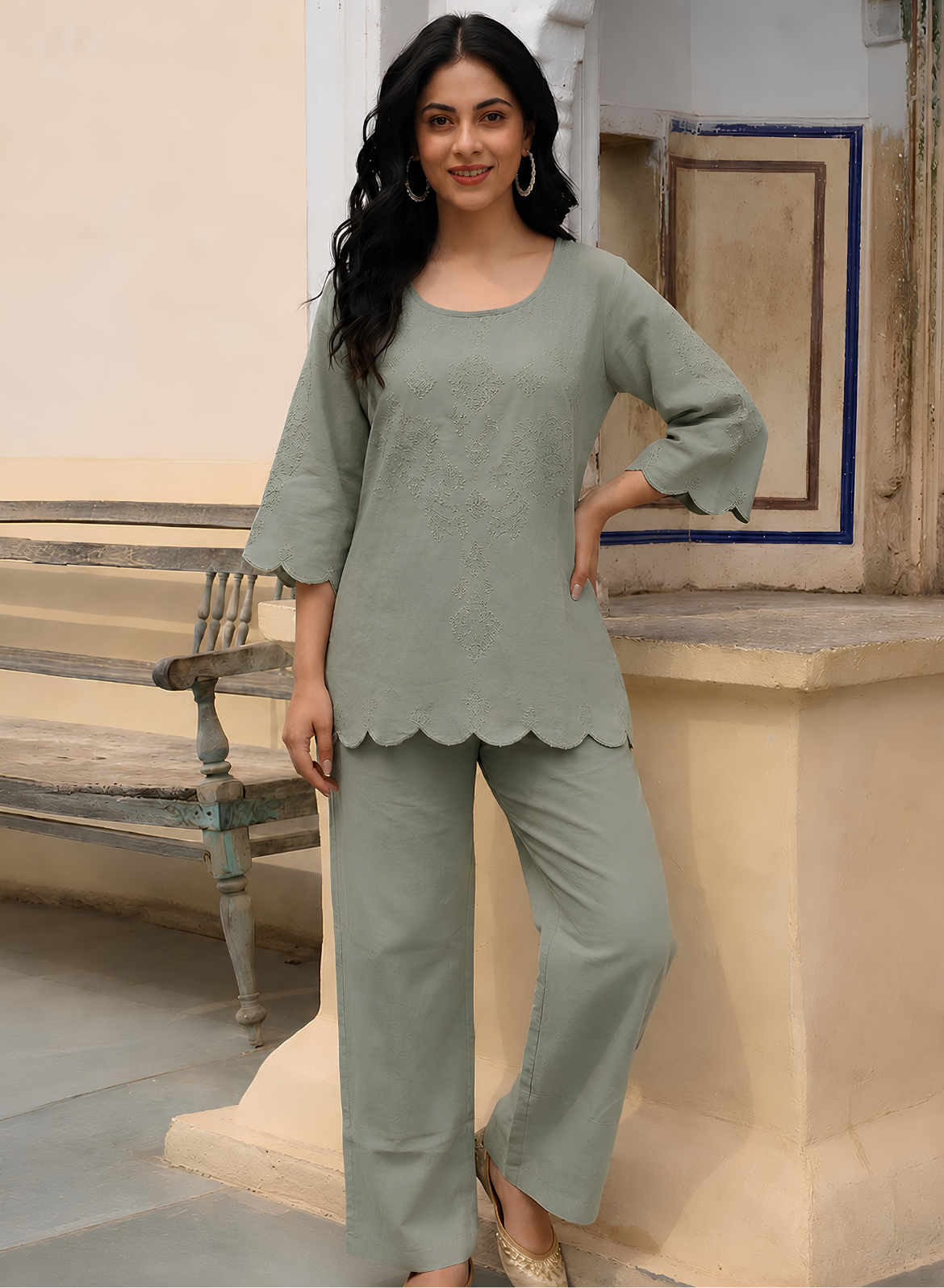 Sage Green Cotton Embroidered Co-ord Set