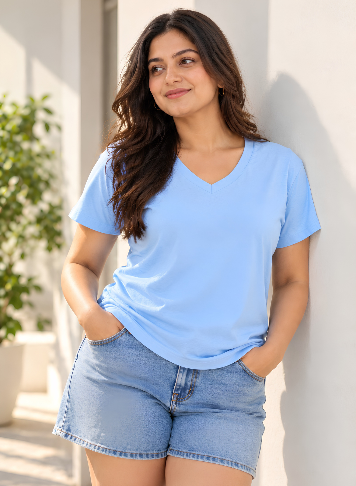 Baby Blue Solid V-Neck T-shirt for Women