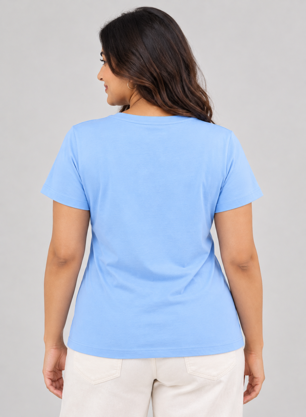 Baby Blue Solid V-Neck T-shirt for Women