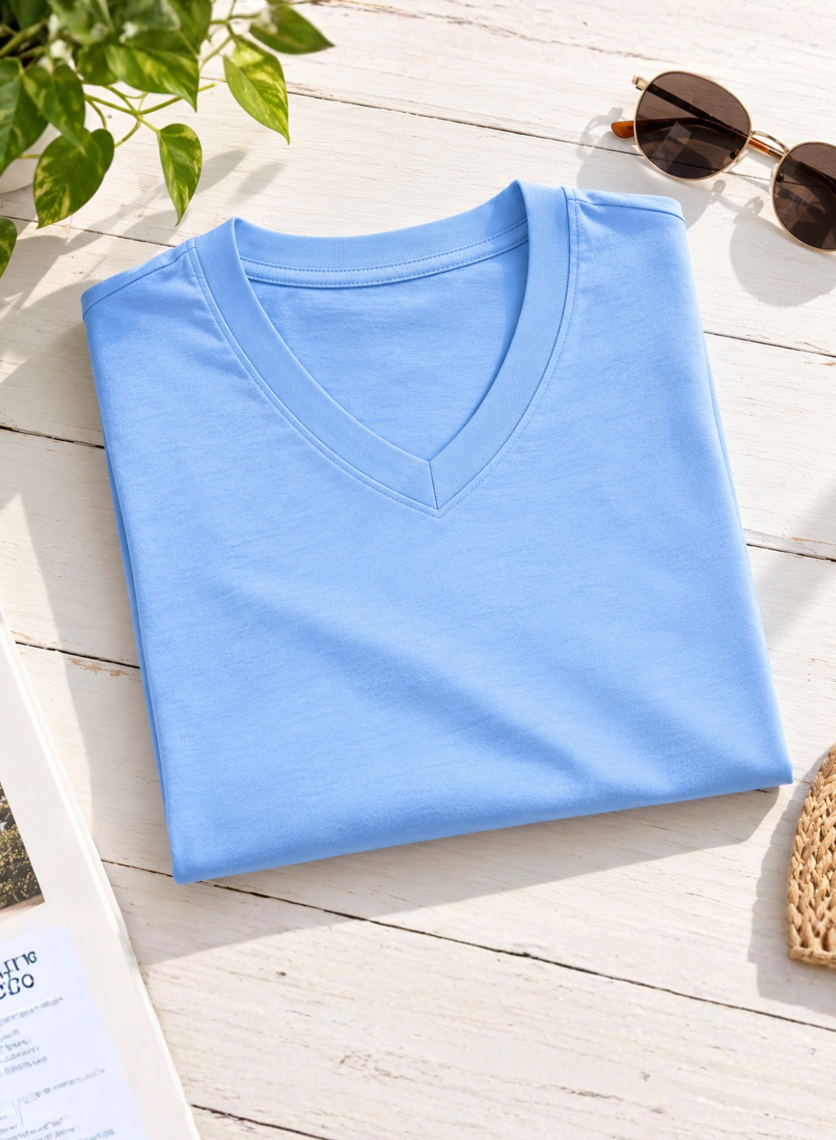 Baby Blue Solid V-Neck T-shirt for Women