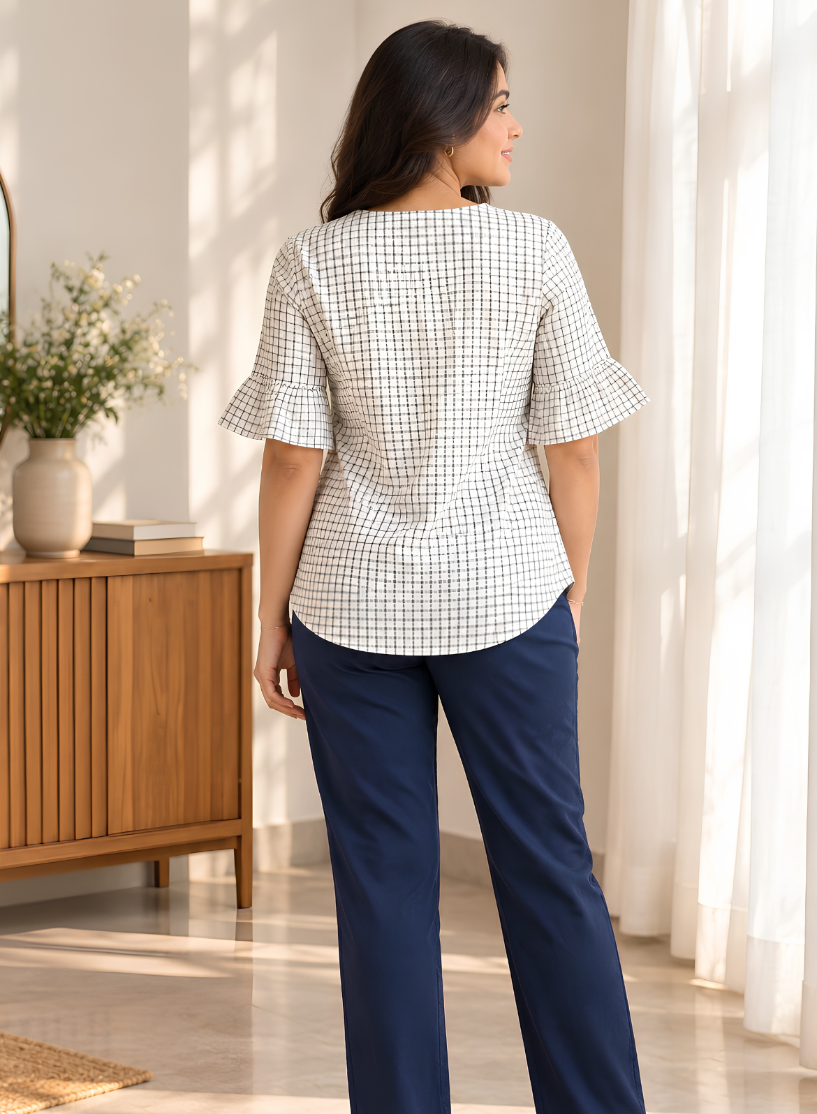 White Checked Pure Cotton Top