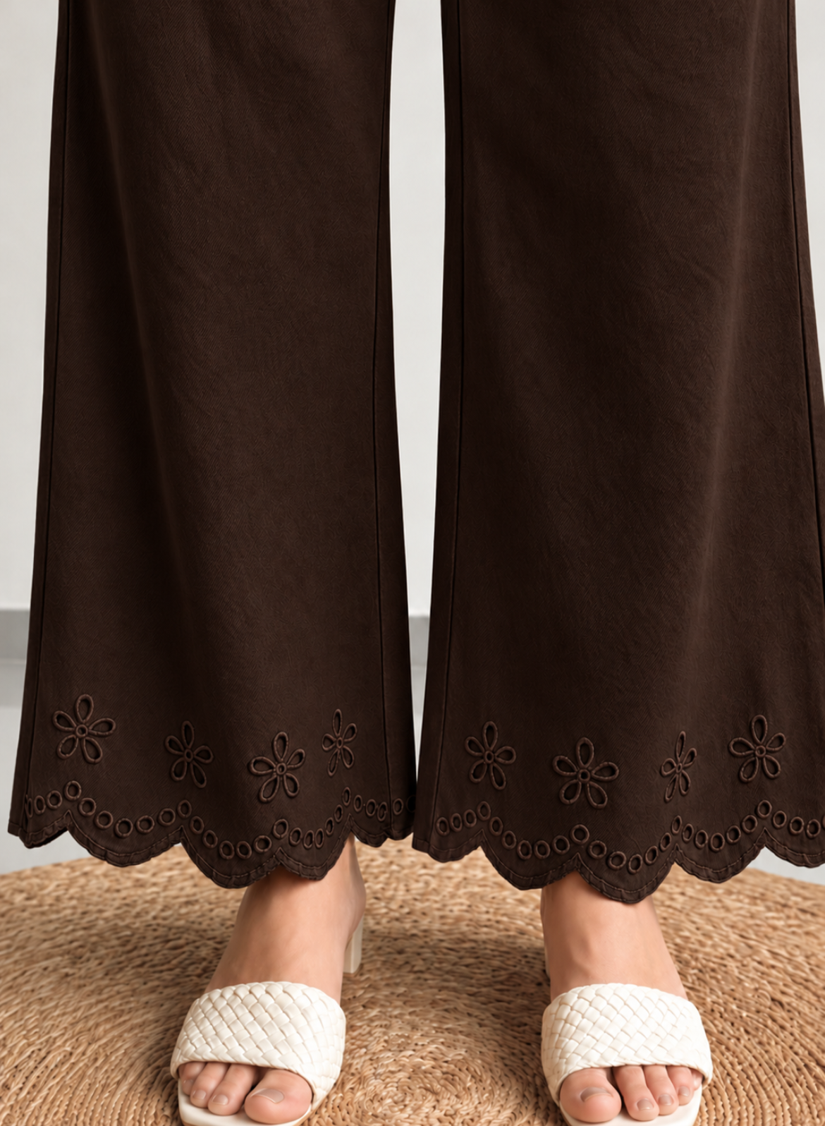 Coffee Wide Leg Pants – Floral Embroidery