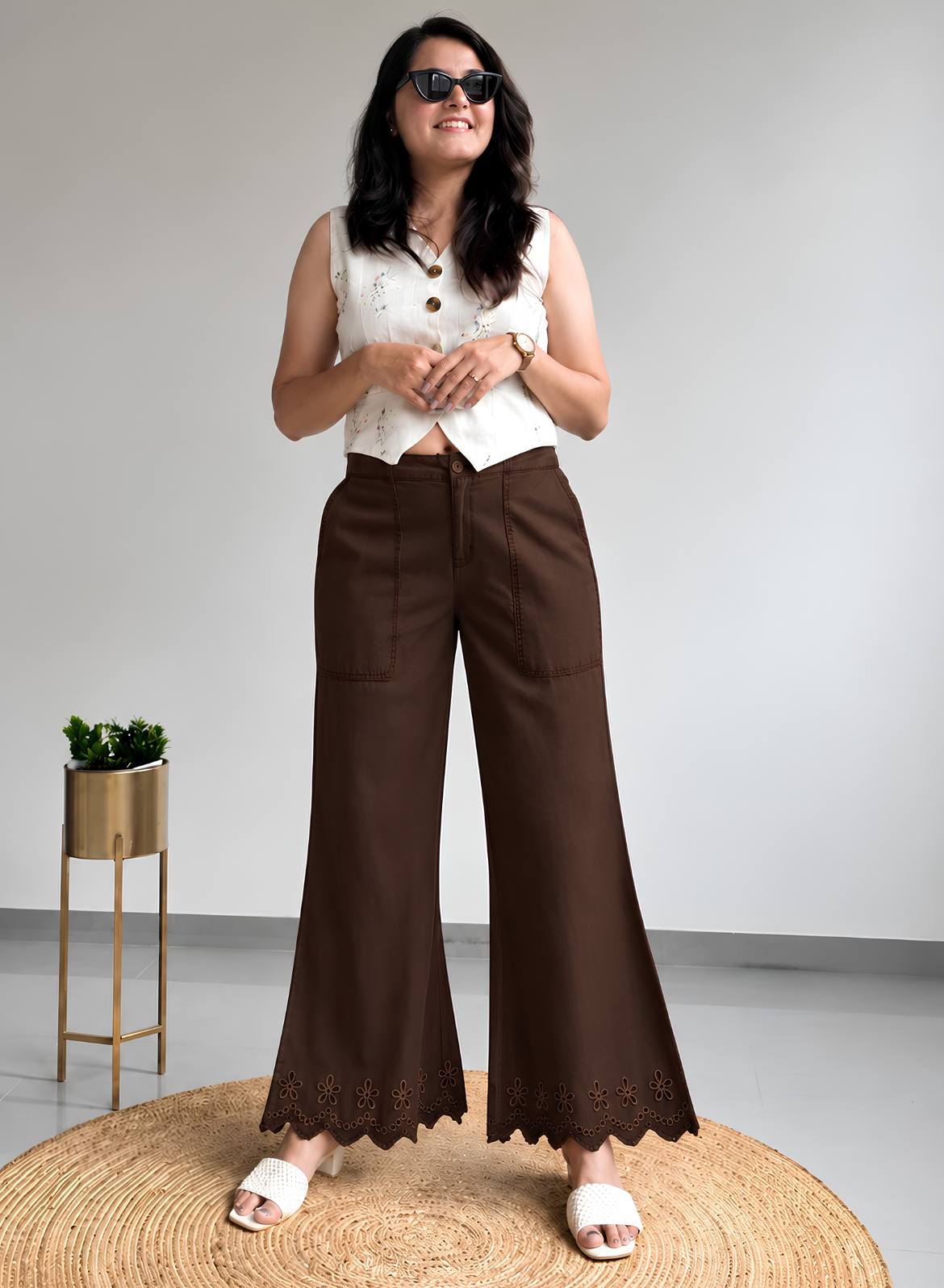 Coffee Wide Leg Pants – Floral Embroidery