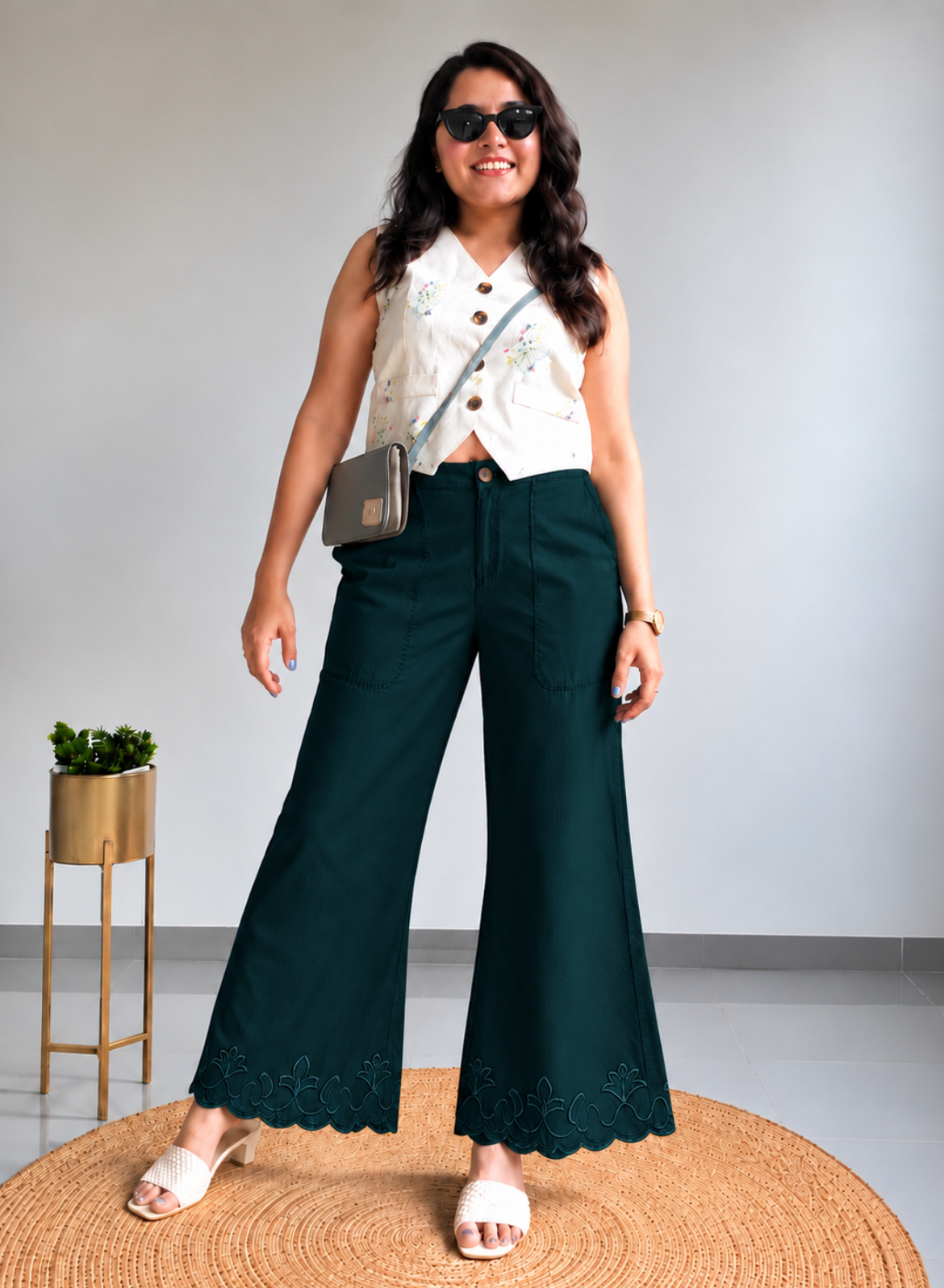 Olive Green Wide Leg Pants – Classic Embroidery