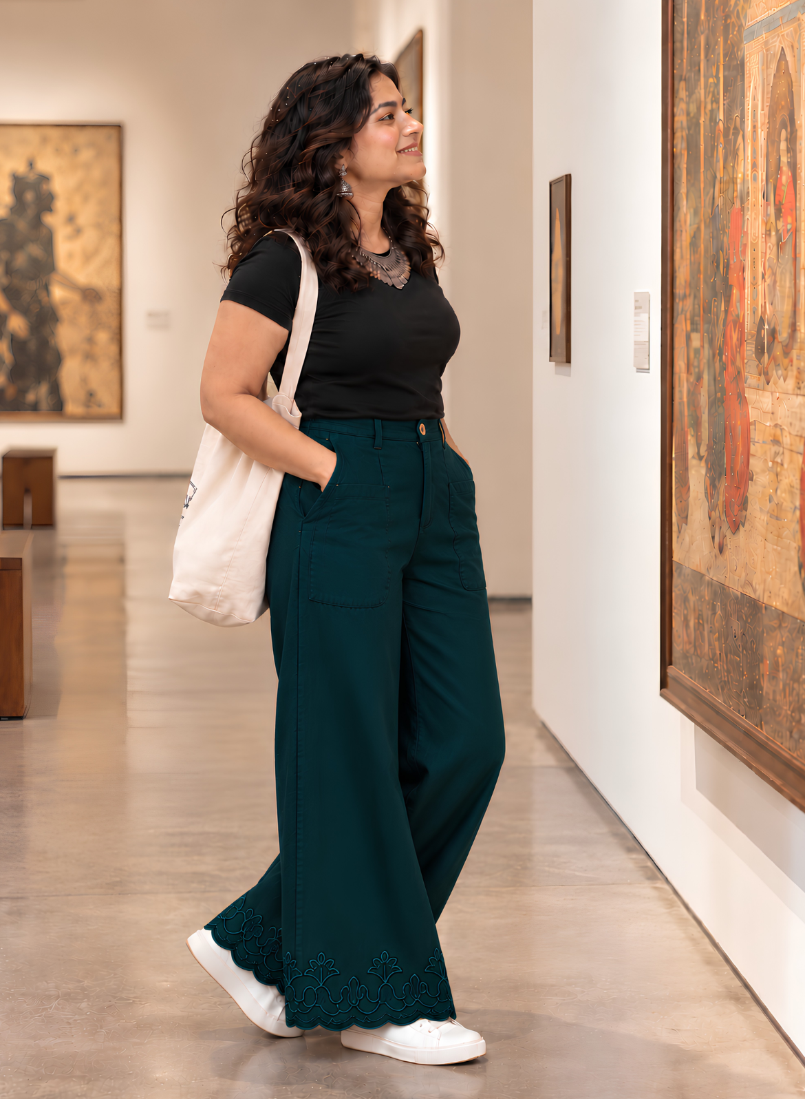 Olive Green Wide Leg Pants – Classic Embroidery