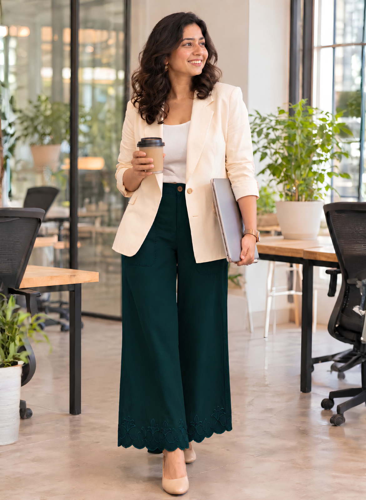Olive Green Wide Leg Pants – Classic Embroidery