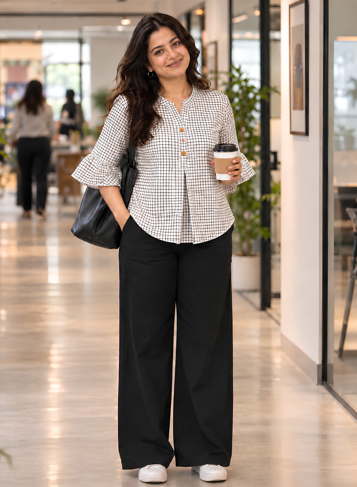 White & Black Checked Pure Cotton Top