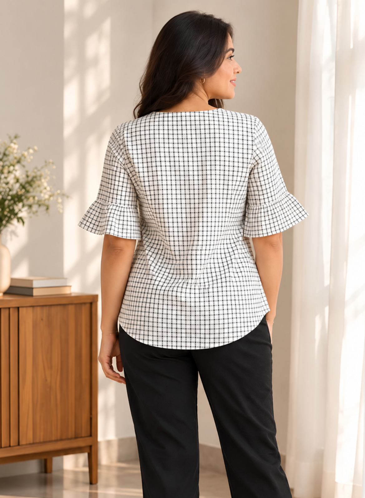 White & Black Checked Pure Cotton Top