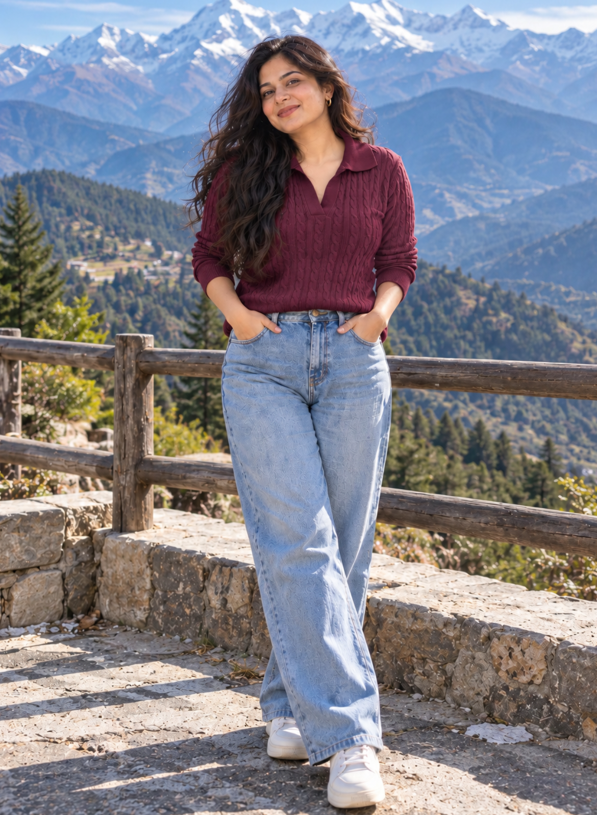 Burgundy Cable Knit Polo Top