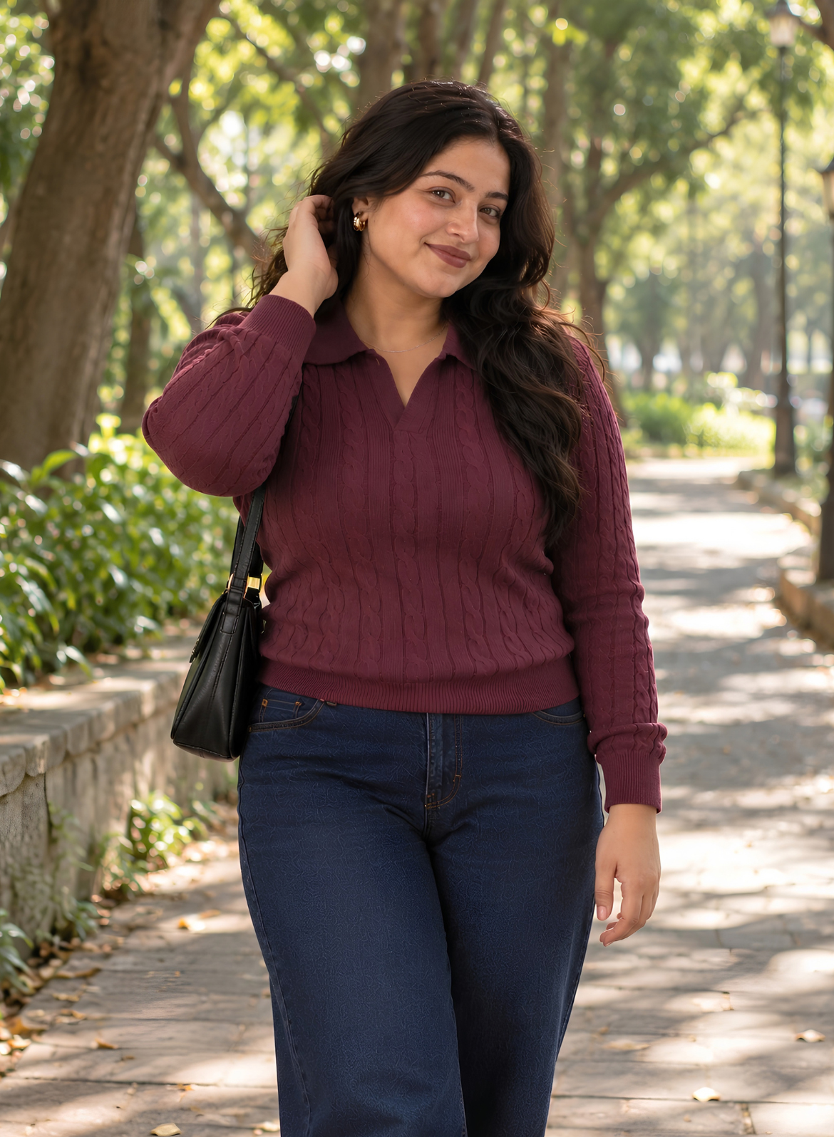 Burgundy Cable Knit Polo Top