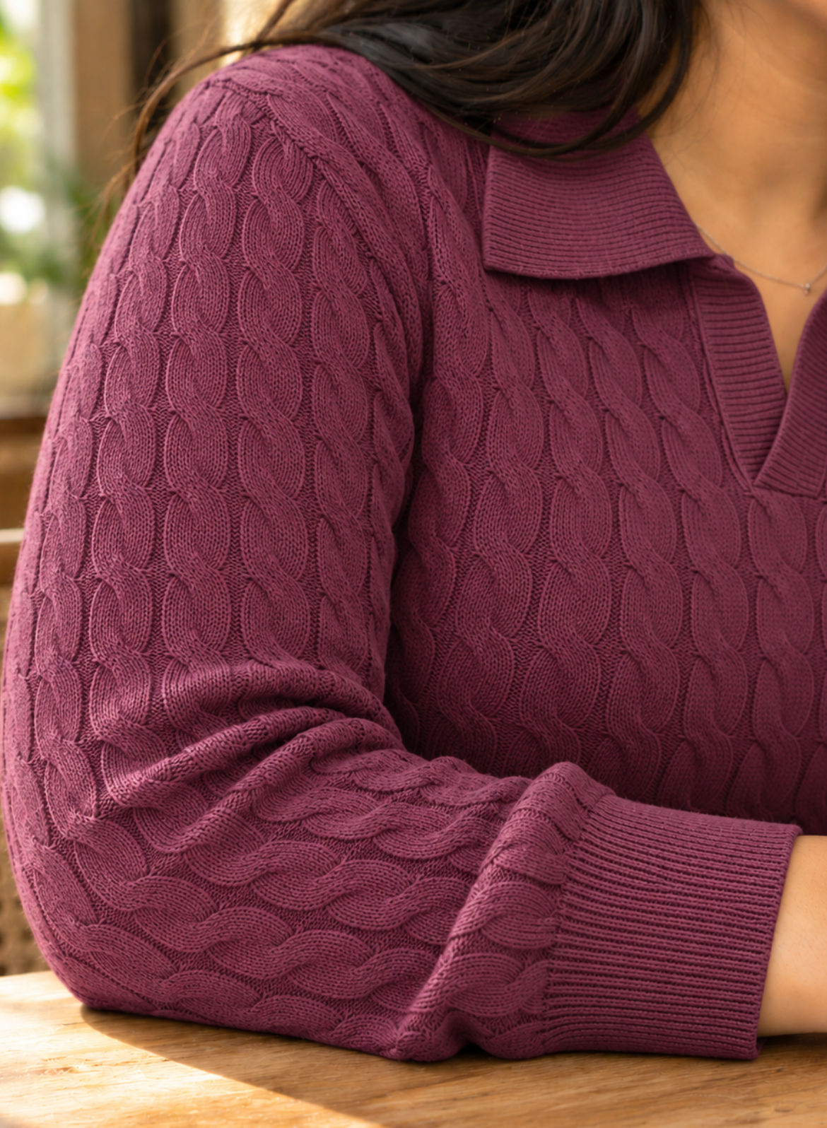 Burgundy Cable Knit Polo Top