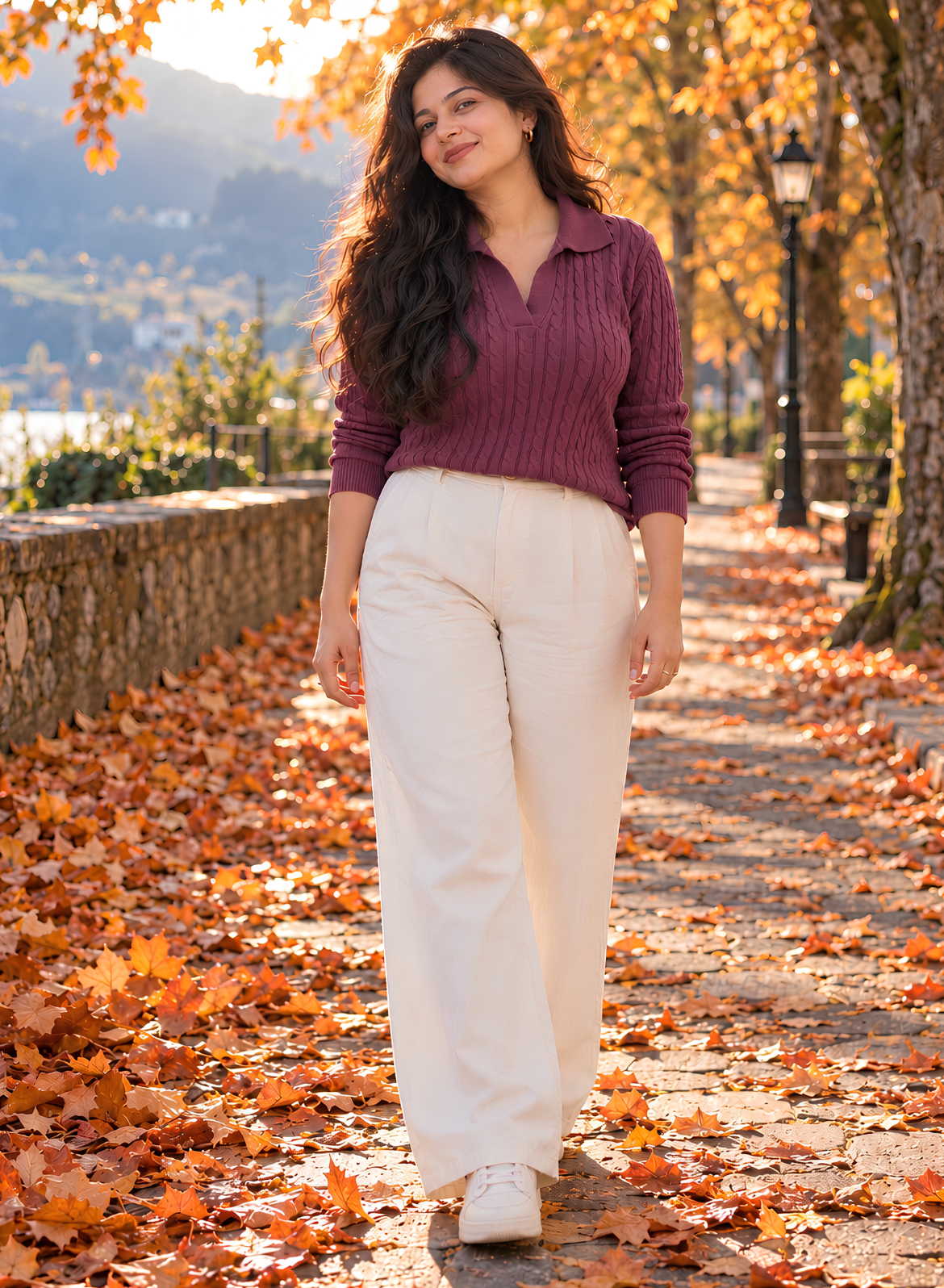 Burgundy Cable Knit Polo Top