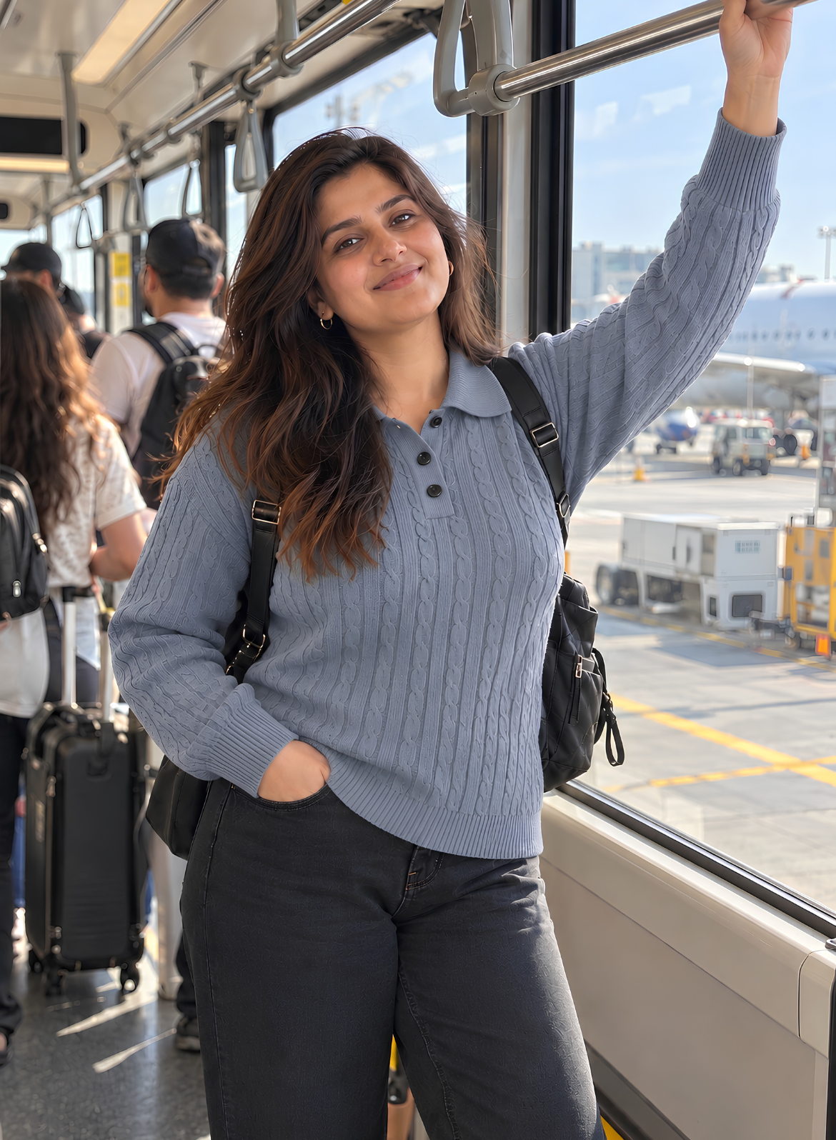 Grey Cable Knit Polo Top