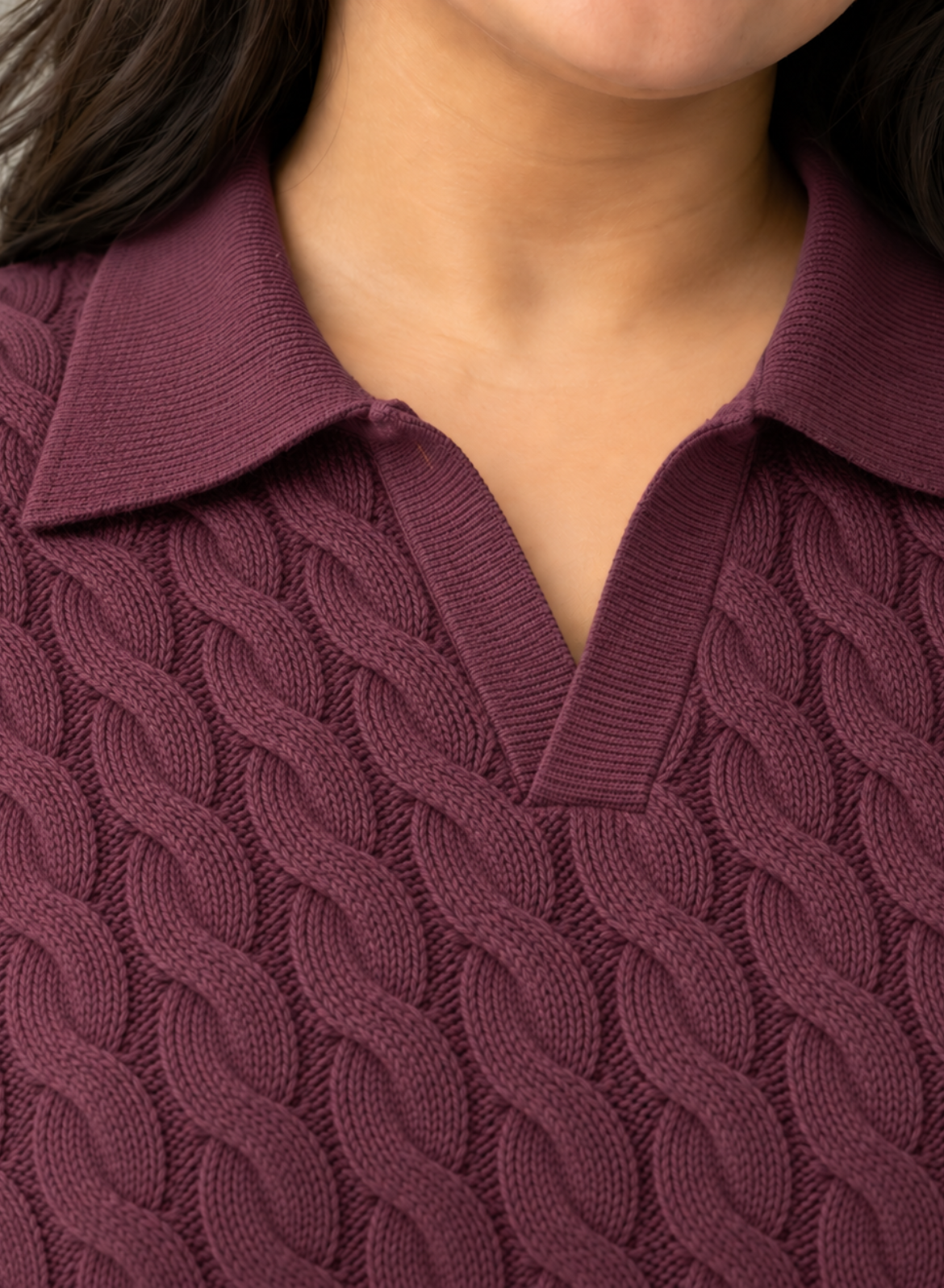 Burgundy Cable Knit Polo Top