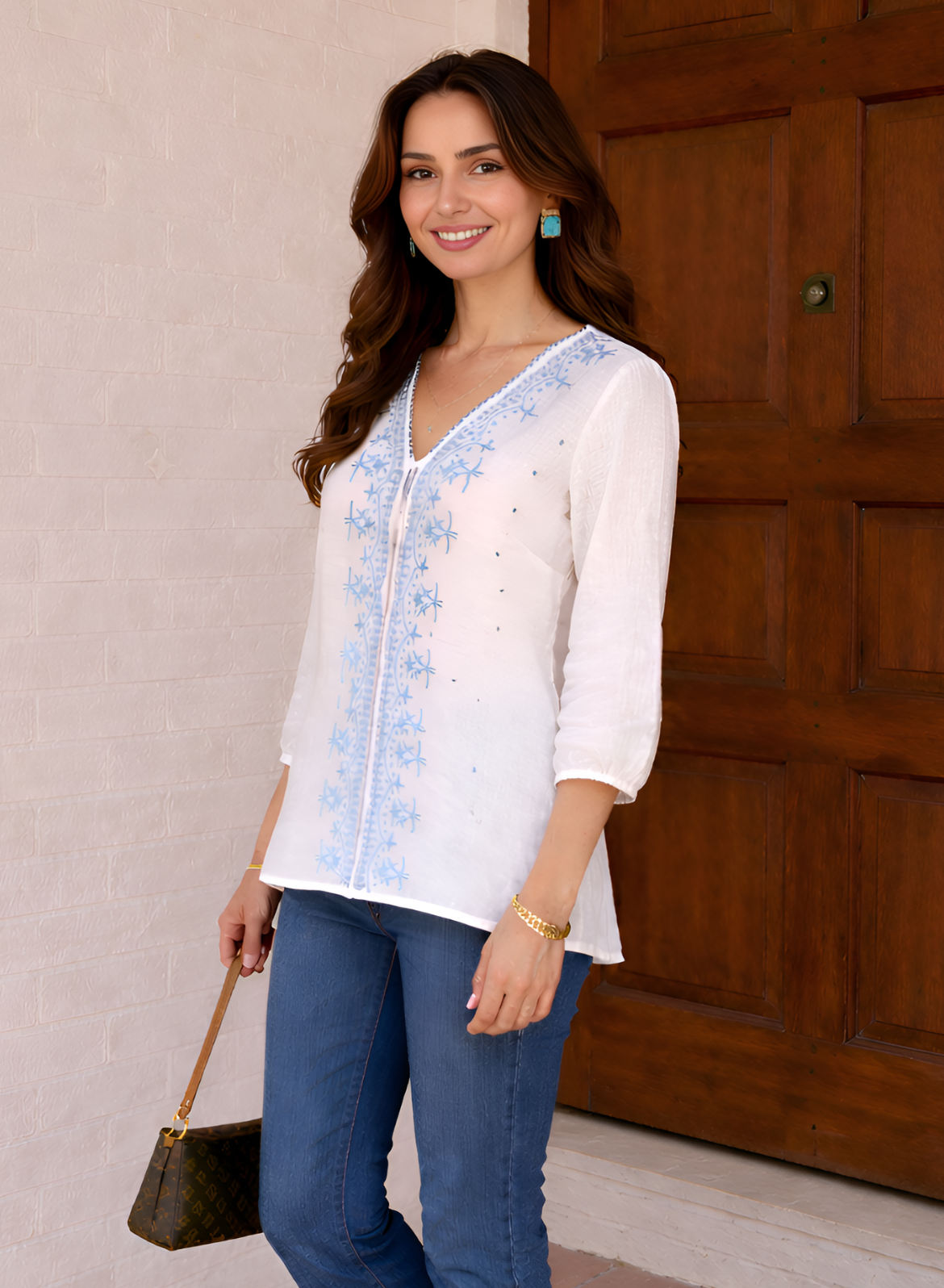White & Sky Embroidered Cotton Top