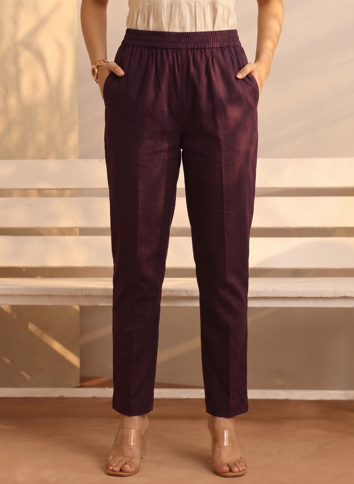 Burgundy Everyday Cotton Pants for Women