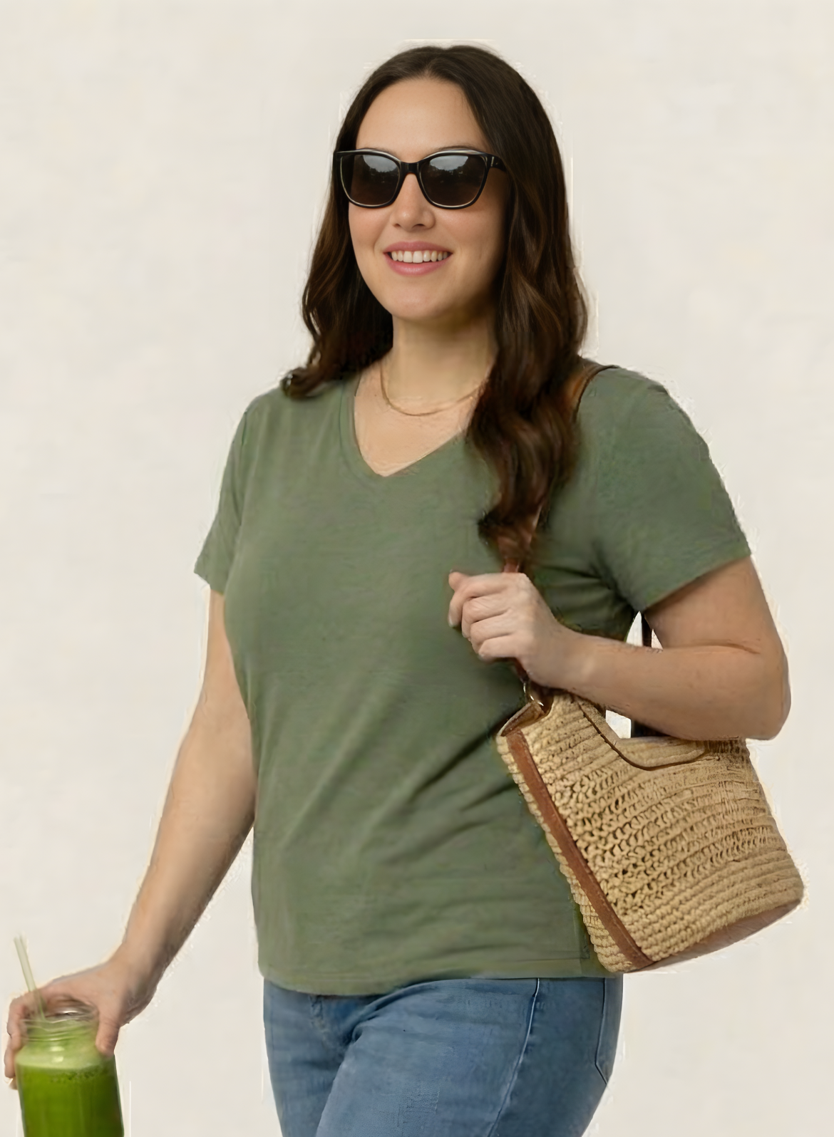 Matcha Mint Solid V-Neck T-shirt for Women