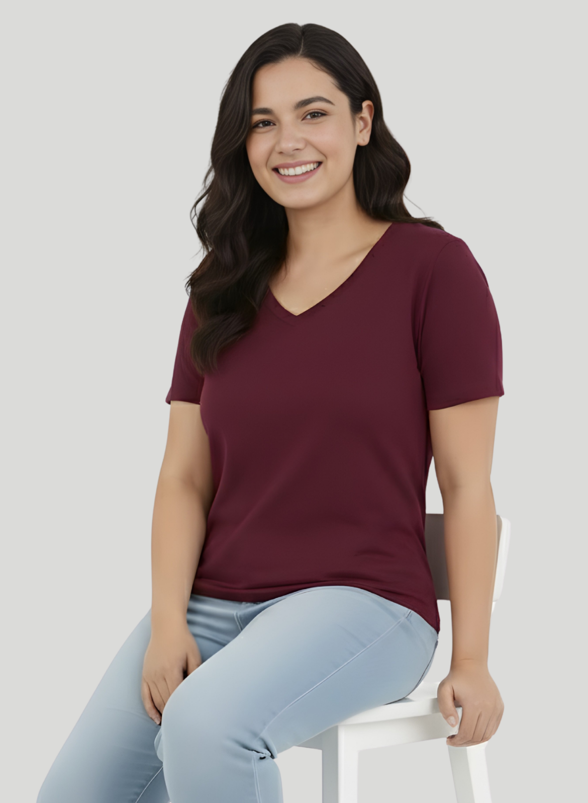 Burning Burgundy Solid V-Neck T-shirt for Women
