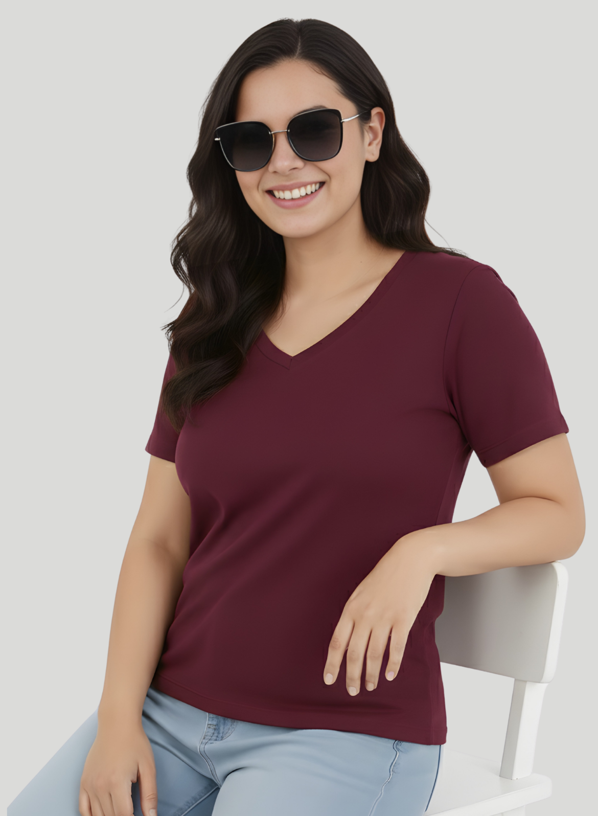 Burning Burgundy Solid V-Neck T-shirt for Women