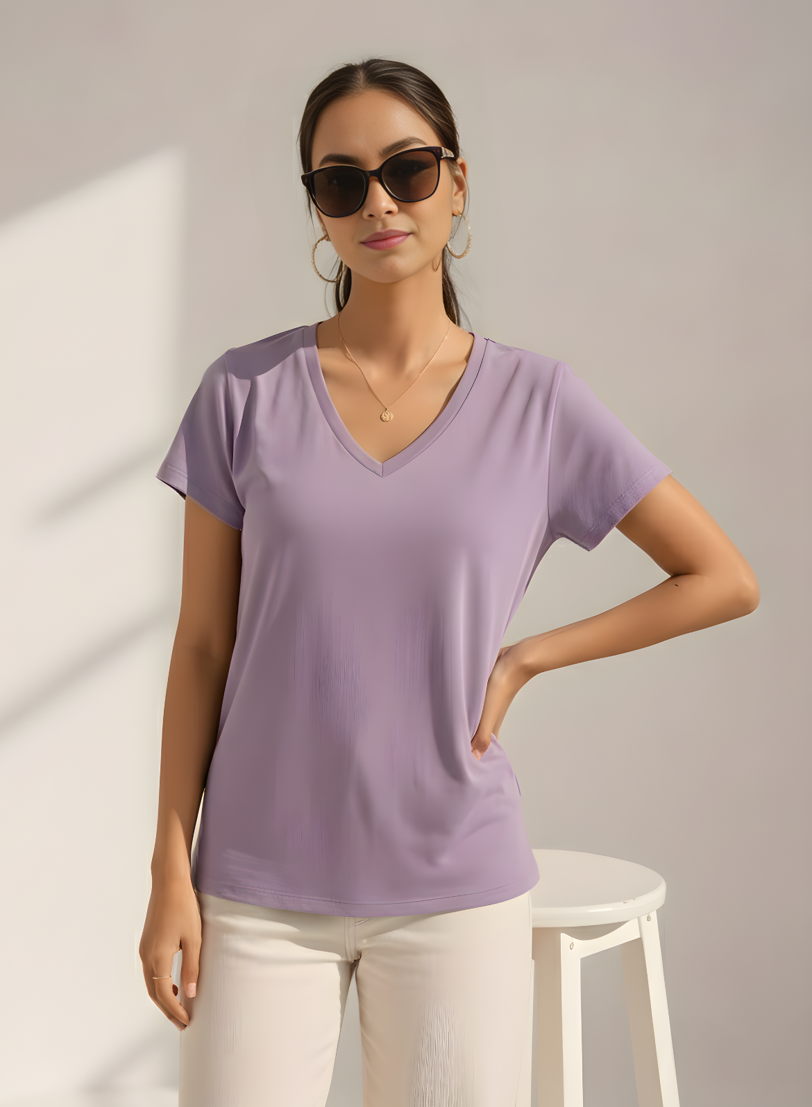 Lavish Lilac Solid V-Neck T-shirt for Women
