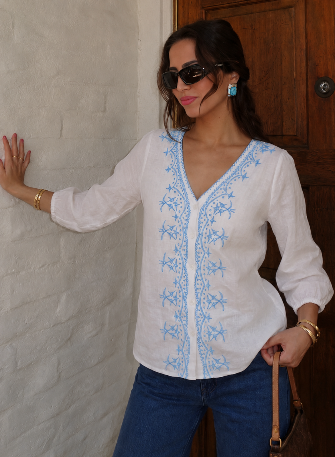 White & Sky Embroidered Cotton Top