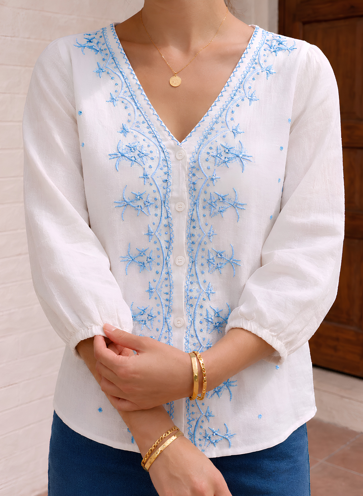 White & Sky Embroidered Cotton Top