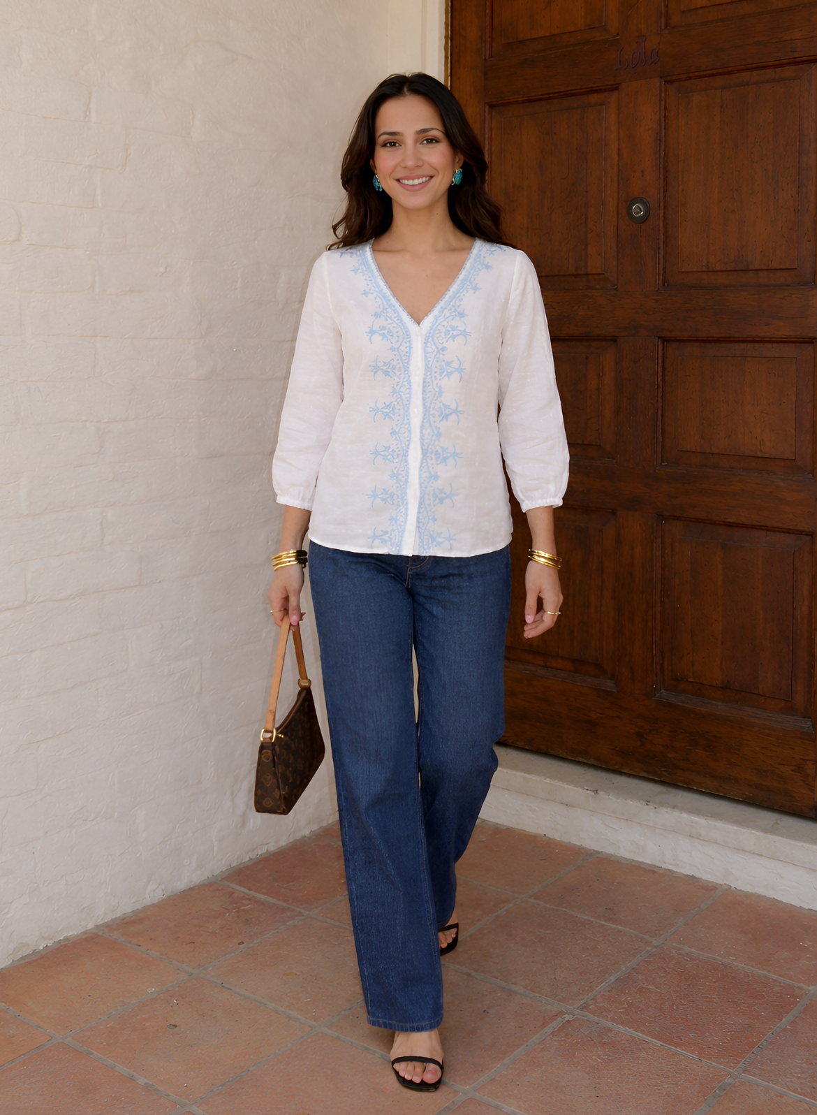 White & Sky Embroidered Cotton Top