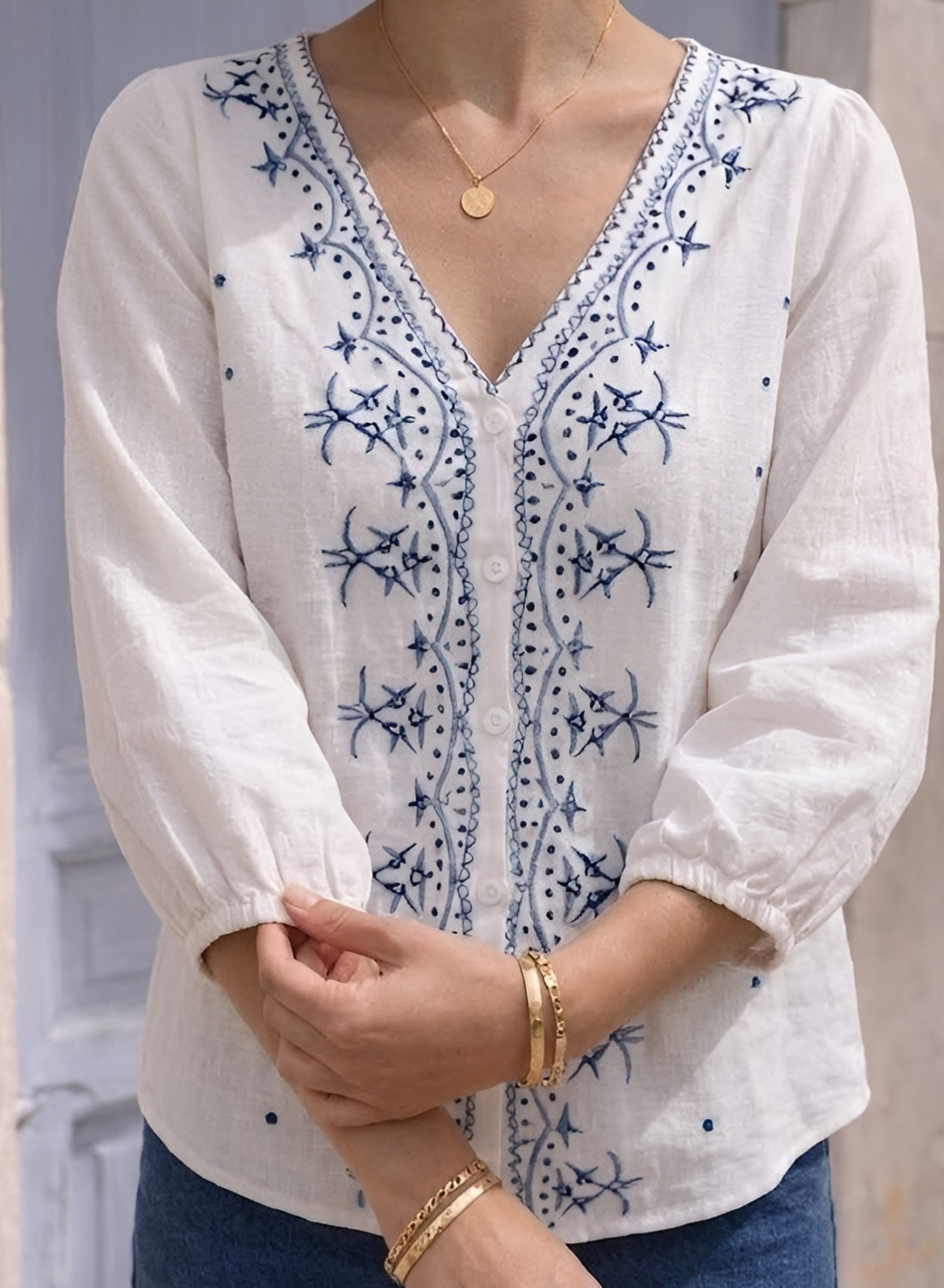 White & Blue Embroidered Cotton Top