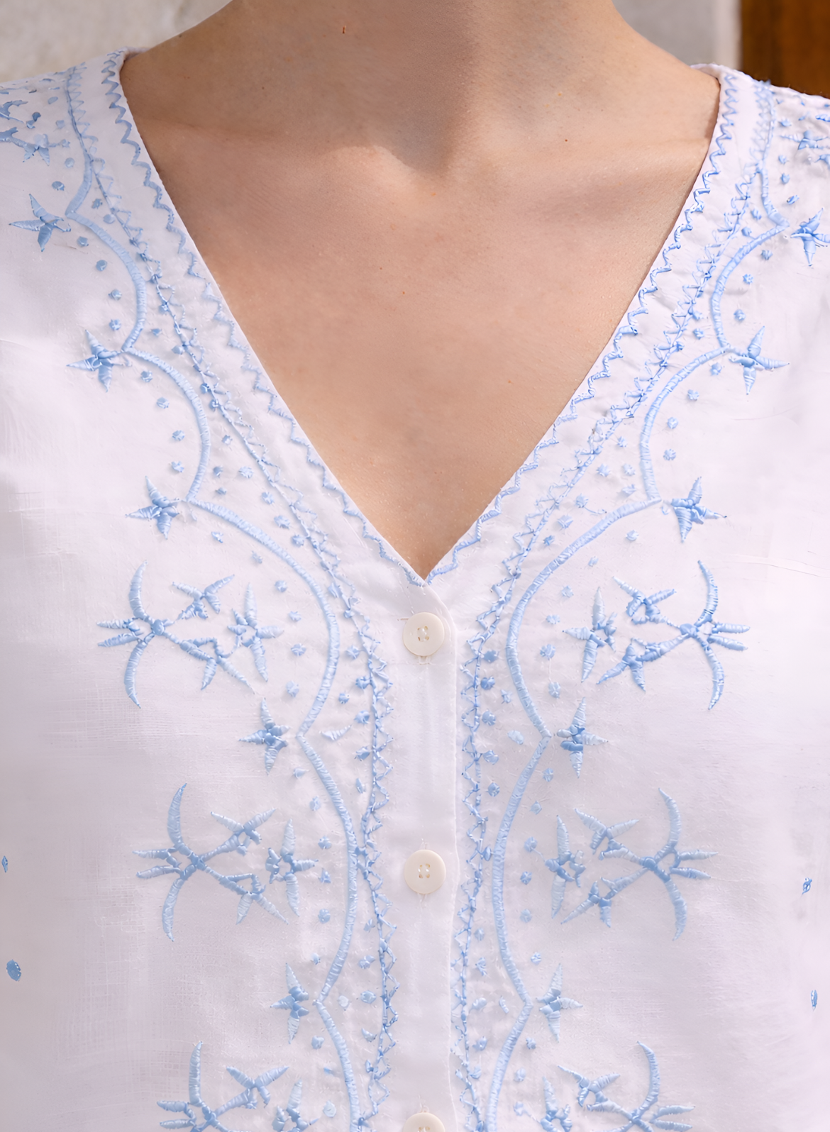 White & Sky Embroidered Cotton Top