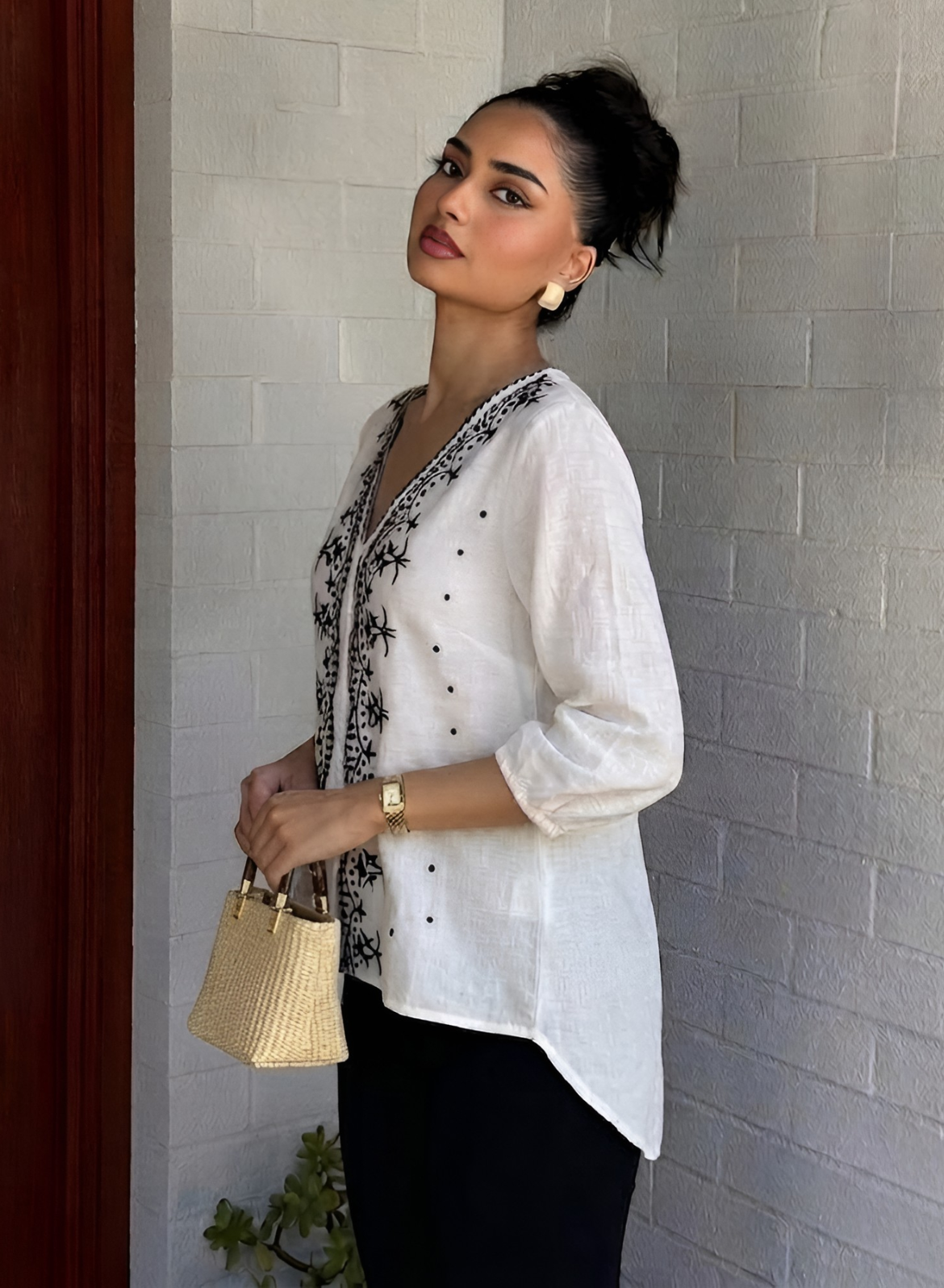 White & Black Embroidered Cotton Top