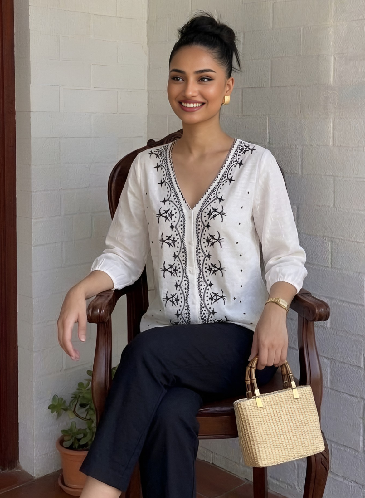 White & Black Embroidered Cotton Top