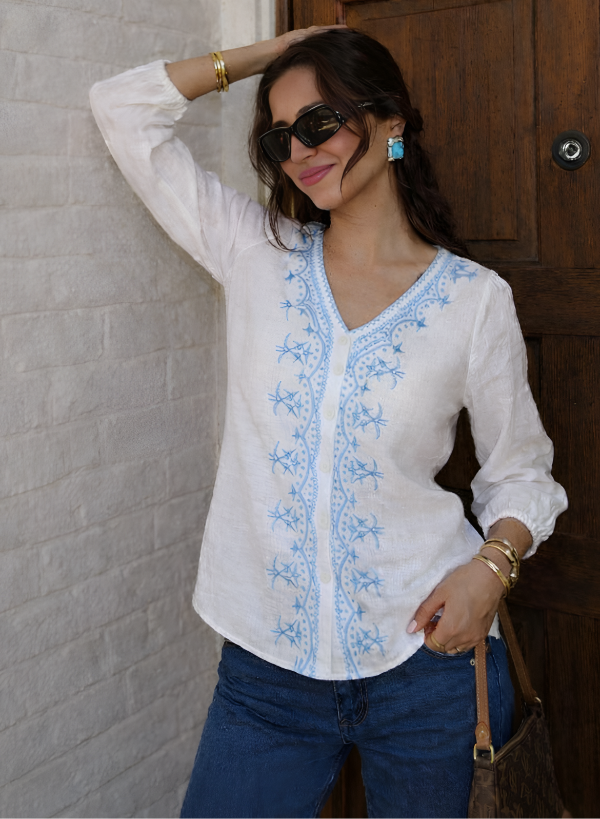 White & Sky Embroidered Cotton Top
