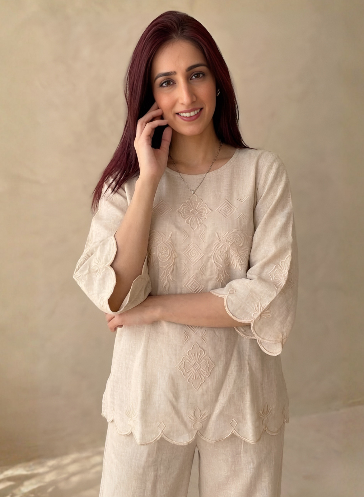 Sand Beige Cotton Embroidered Co-ord Set