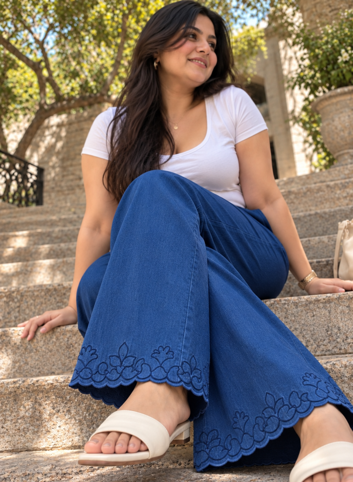 Navy Blue Wide Leg Pants – Classic Embroidery