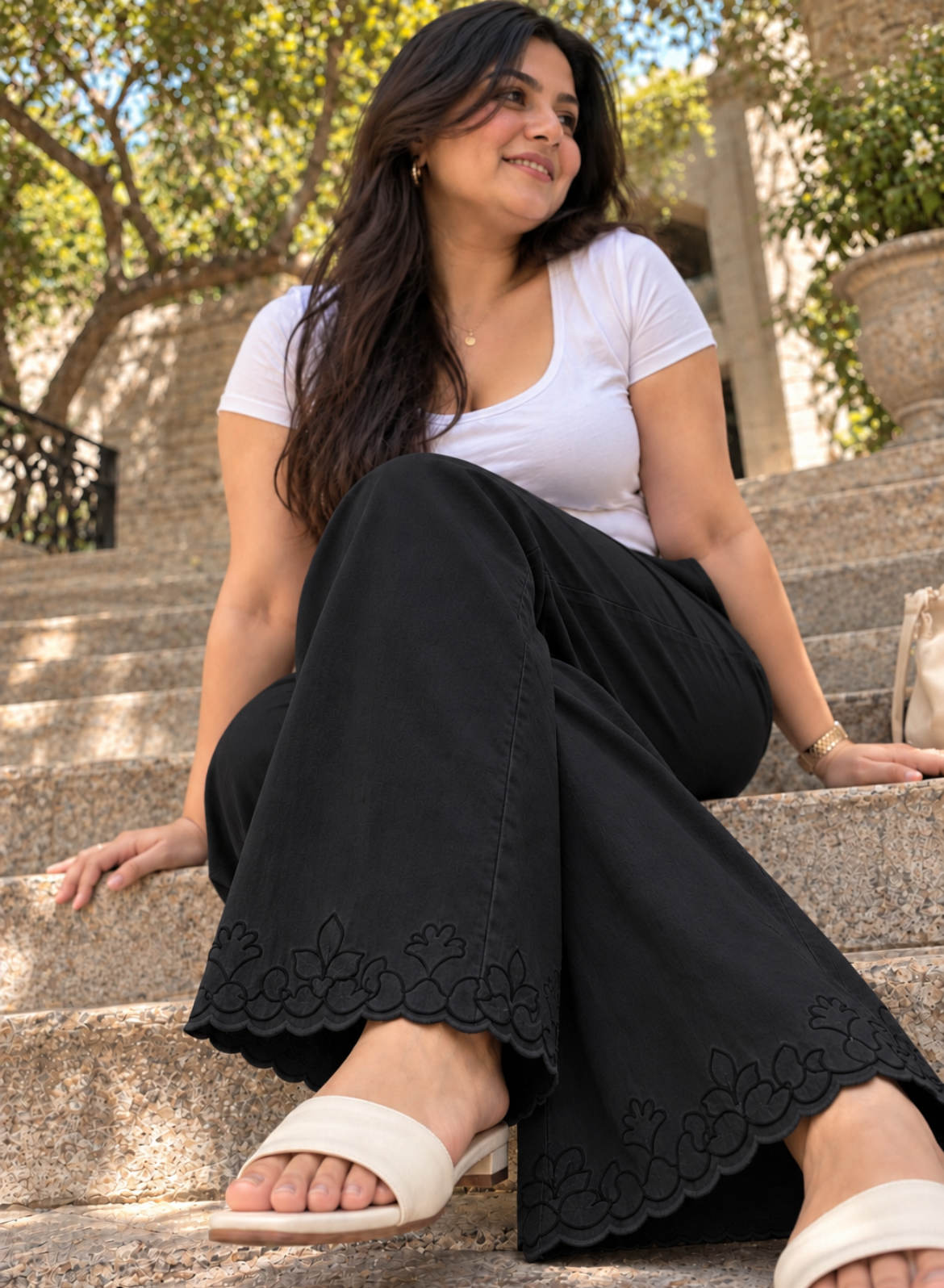 Black Wide Leg Pants – Classic Embroidery