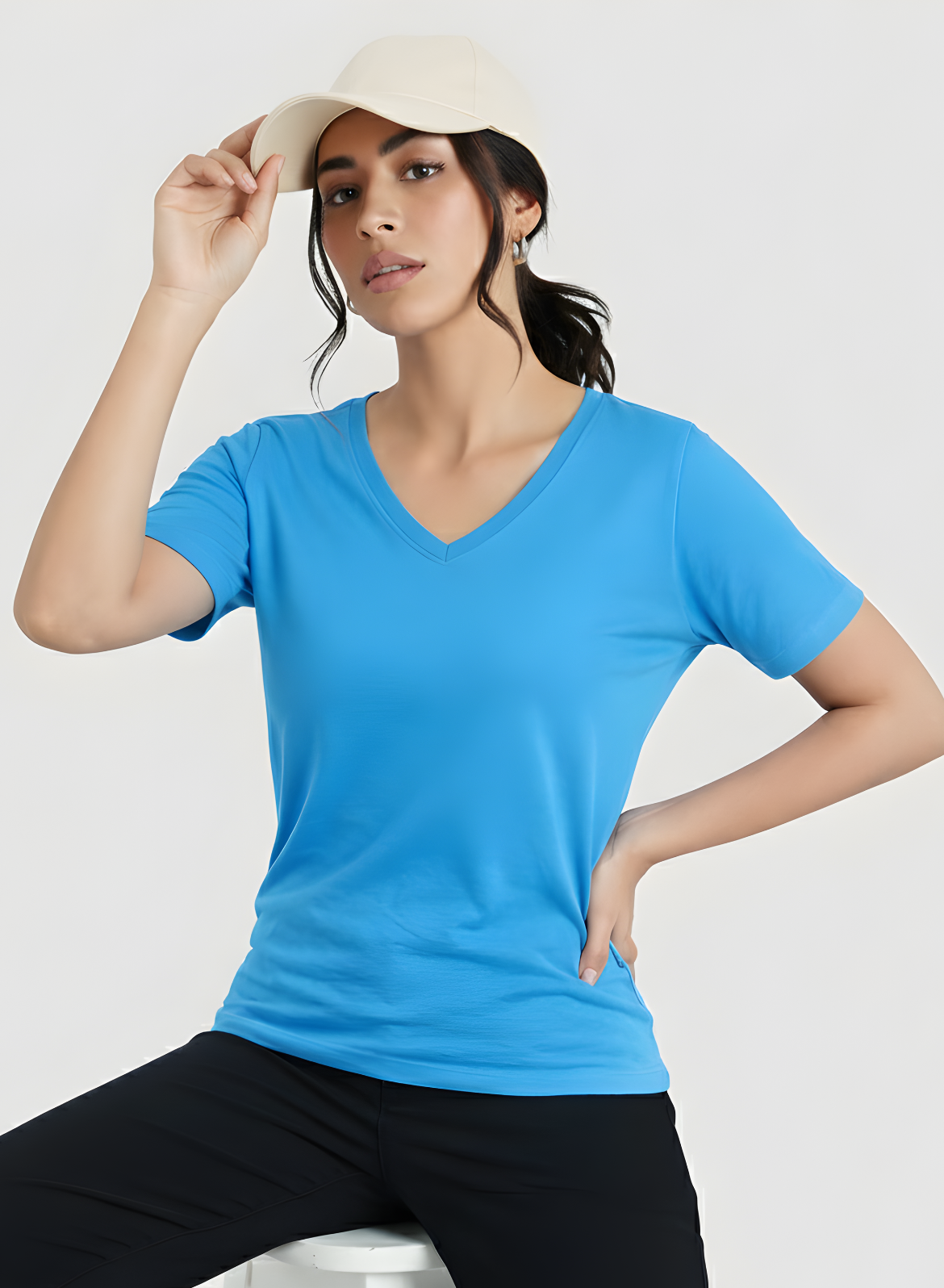 Trendy Turquoise Solid V-Neck T-shirt for Women