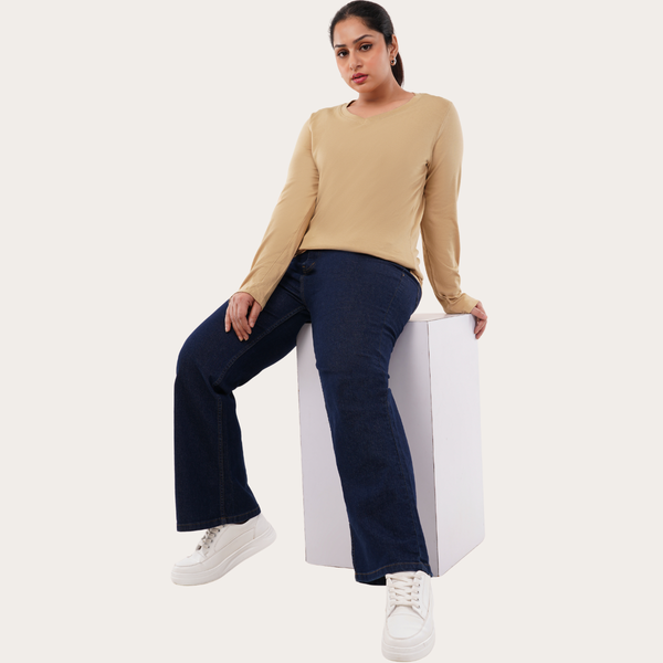 Biscotti Beige Full Sleeves V-Neck T-shirt