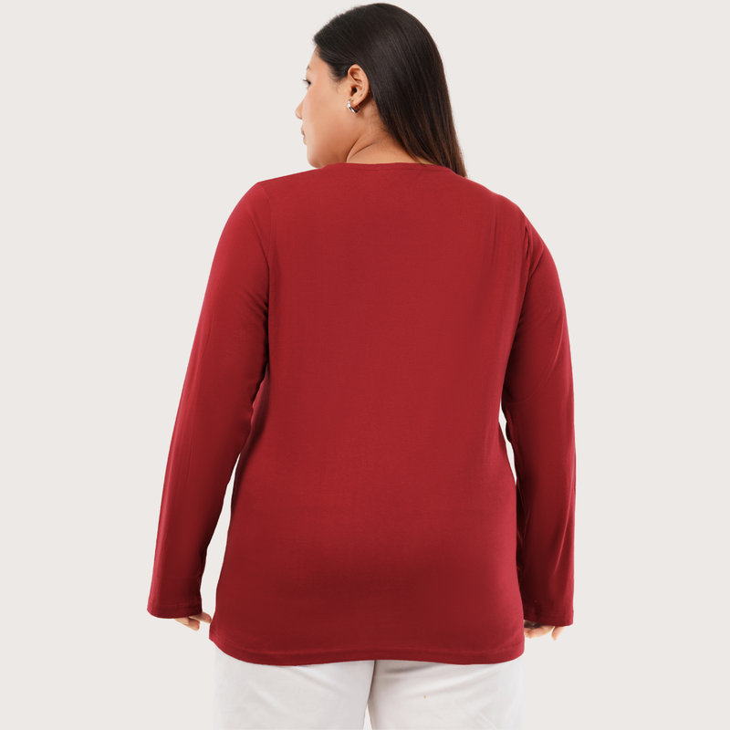 Magnetic Maroon Full Sleeves Solid T-shirt for Women
