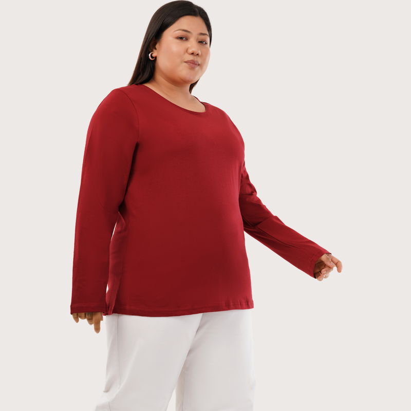 Magnetic Maroon Full Sleeves Solid T-shirt for Women