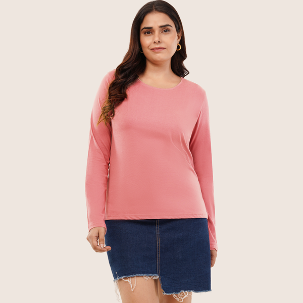 Pretty Pink Full Sleeves Solid T-shirt for Women