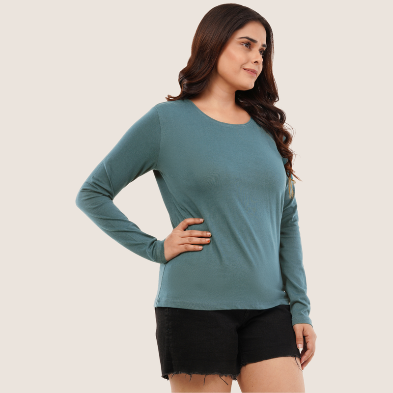 Peacock Teal Full Sleeves Solid T-shirt for Women