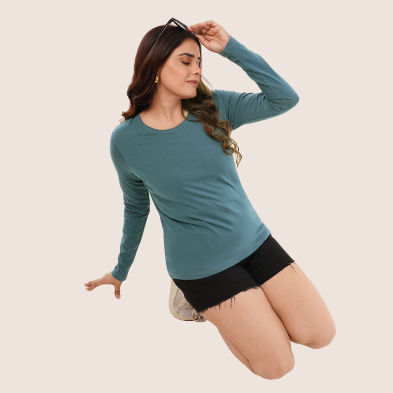 Peacock Teal Full Sleeves Solid T-shirt for Women