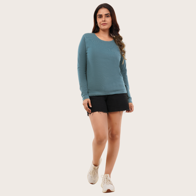Peacock Teal Full Sleeves Solid T-shirt for Women