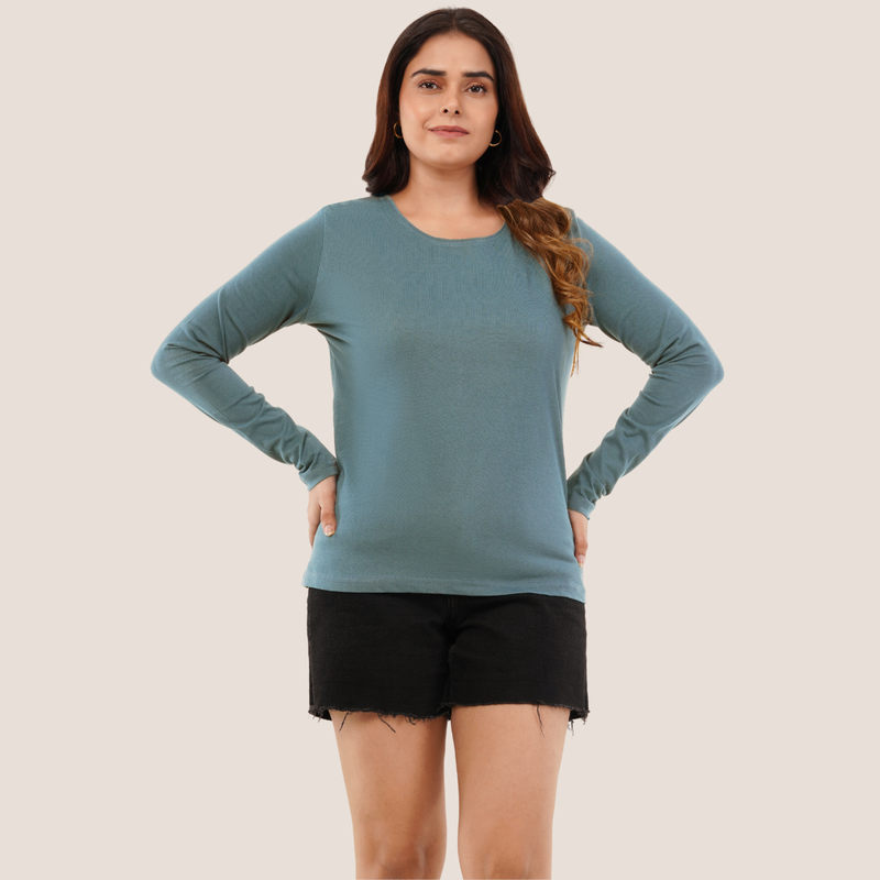 Peacock Teal Full Sleeves Solid T-shirt for Women