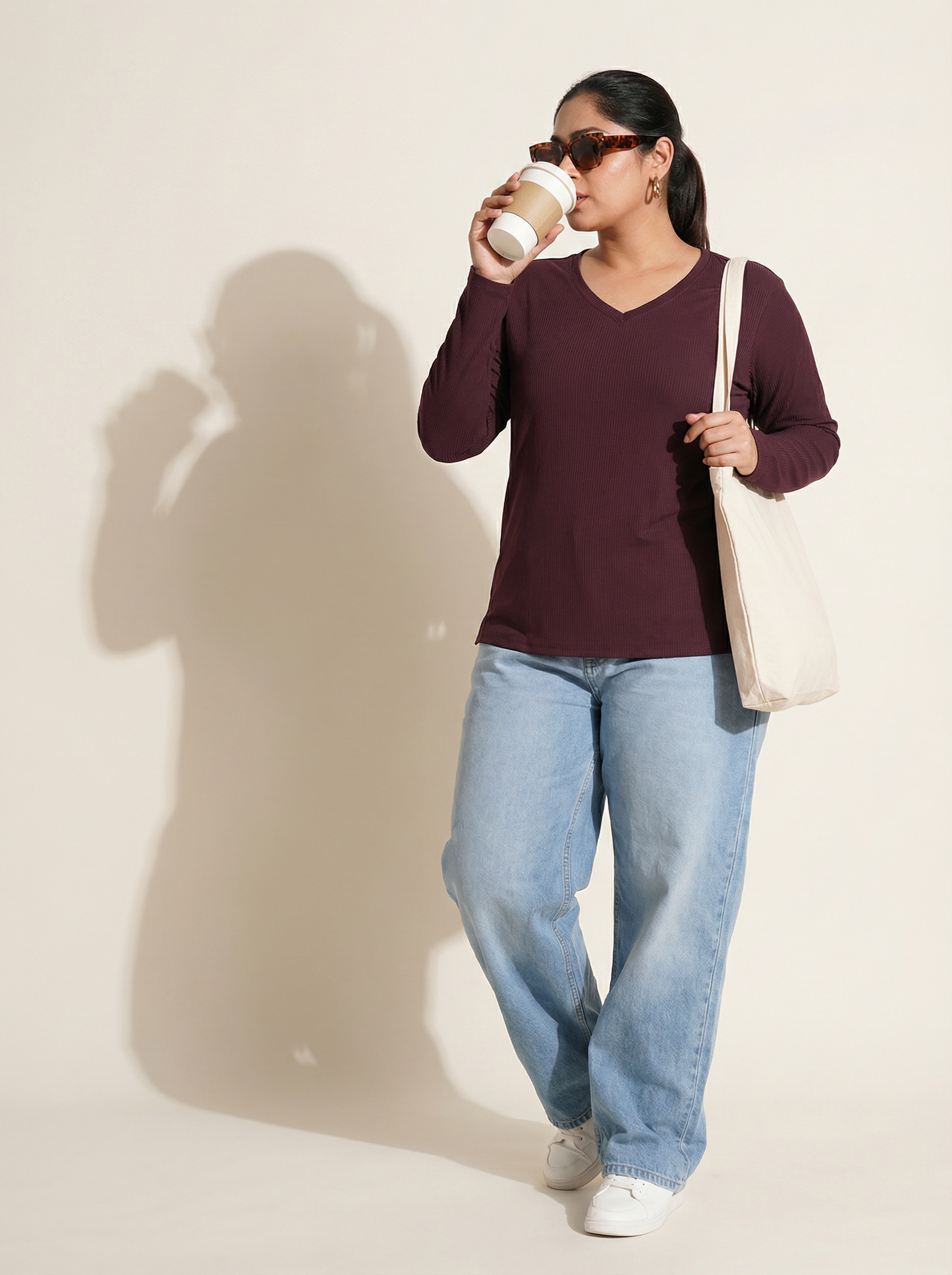 Burning Burgundy Ribbed V-Neck Full Sleeves T-shirt for Women