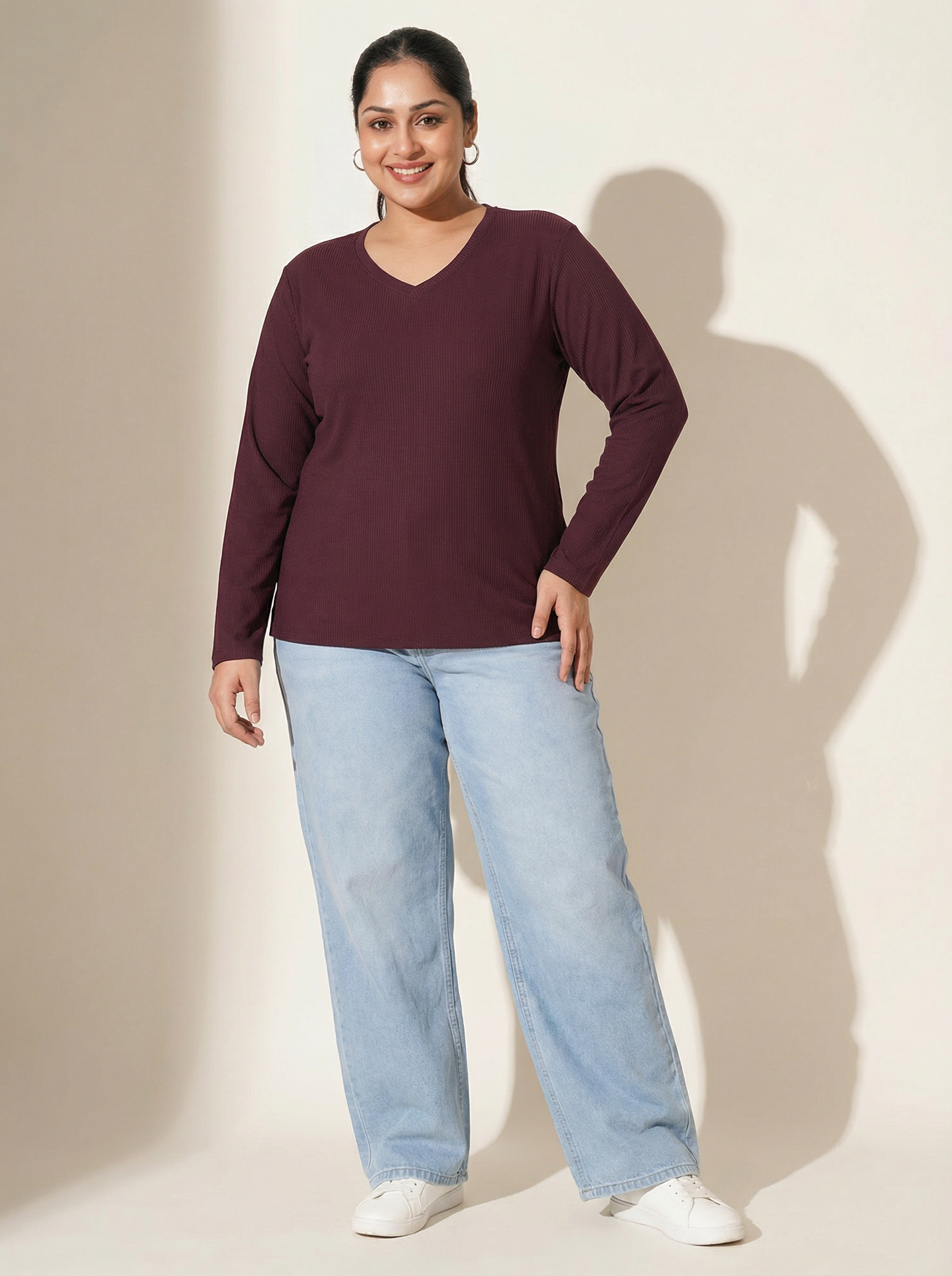 Burning Burgundy Ribbed V-Neck Full Sleeves T-shirt for Women